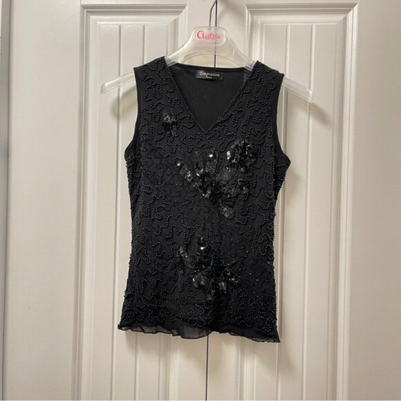 Vintage Embellished Sequin Sleeveless Top Black - Picture 4 of 12